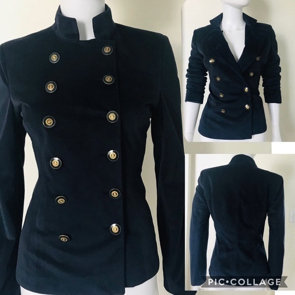 NWT WOMEN‎ VELOUR BLAZER DOUBLE-BREASTED LINED MILITARY JACKET IN NAVY - Picture 1 of 6